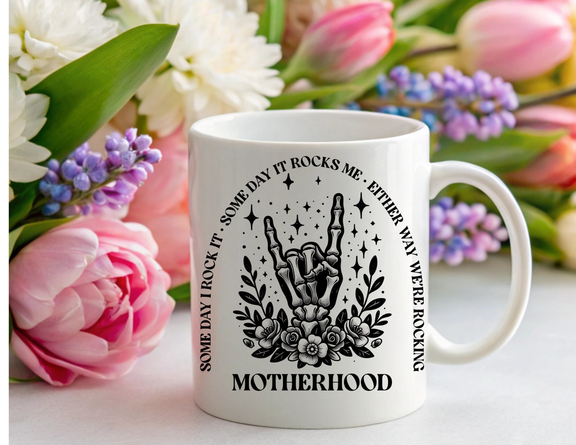 Motherhood Rock On – Personalised Floral Skeleton Mug