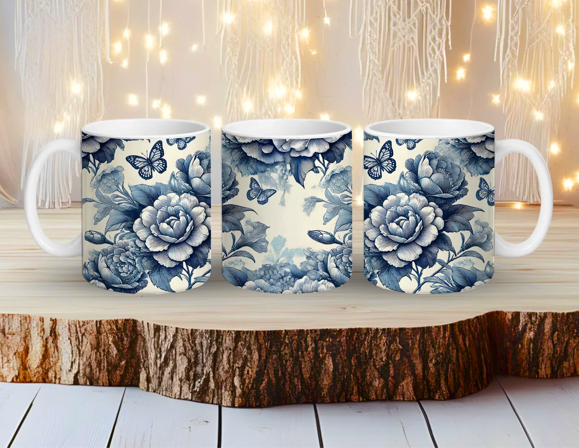 Blue Toile Peony & Butterfly Mug